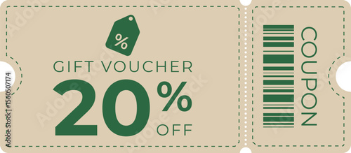 Stylish 20% discount coupon with a green and beige theme, ideal for sales, promotions, retail offers, and marketing campaigns. Perfect for commercial, e-commerce, or store advertising use.