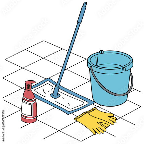 Illustration of cleaning supplies including a mop bucket gloves and cleaning solution on tiled floor