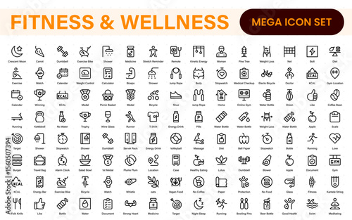Set of fitness and wellness related line icons, wellbeing, mental health, healthcare, cosmetics, spa, medical. Outline icon collection.