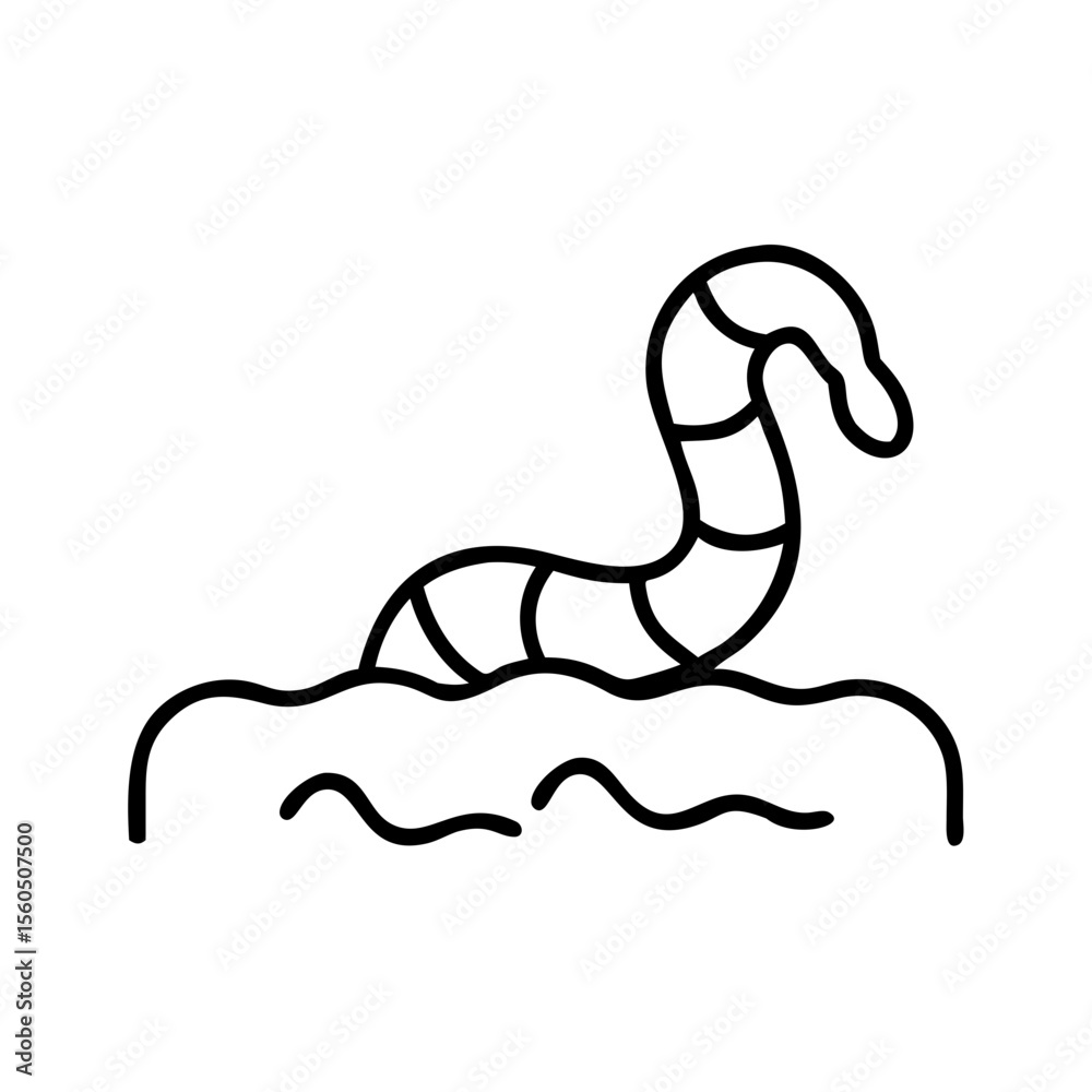 Fototapeta premium Line art of a worm emerging from soil with wavy lines 