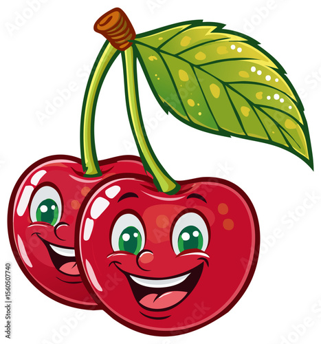 Cute cartoon red cherries with happy faces and leaf
