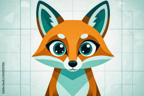 A vibrant, cartoon fox with large, expressive eyes gazes forward against a grid-patterned background.