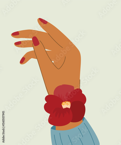 Flat Design Illustration with Hand at Red Flower Decoration