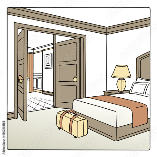 A bedroom scene featuring a bed with pillows, a lamp on a nightstand, and luggage with an open doorway view 100