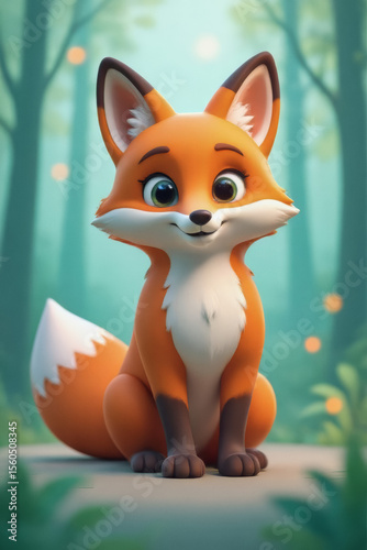 A charming cartoon fox sits attentively in a blurred forest background, gazing directly at the viewer with a friendly expression.