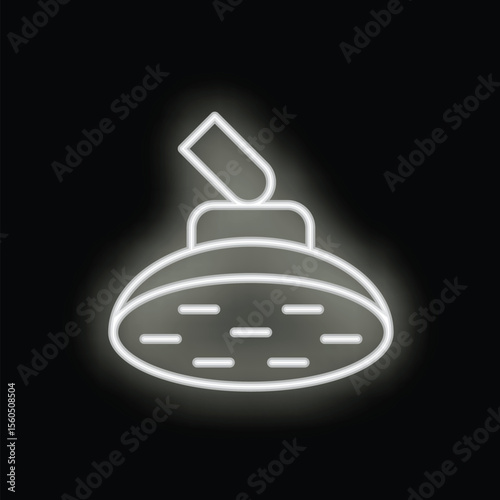 Neon shower head glowing white on black background, concept of spa and wellness