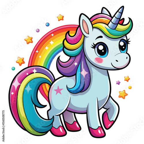 Adorable Unicorn with Rainbow Mane and Tail in Fairyland