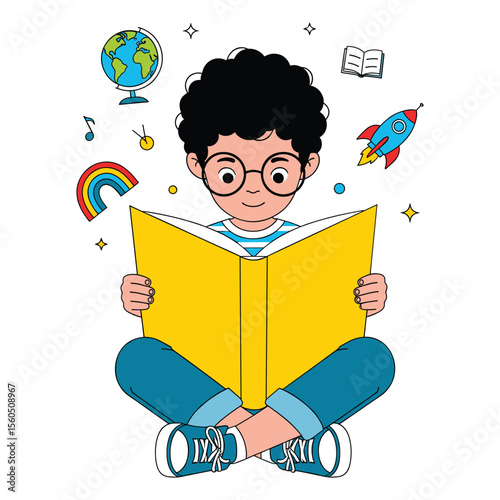 Boy Reading Book with Science & Learning
