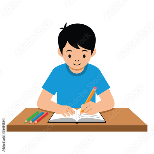 Boy Writing at Desk with Pencil and Book