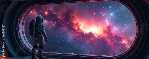 Cosmonaut Gazes at Breathtaking Nebula from Spacecraft Window Awe-Inspiring View of Starry Galaxies, Emphasizing the Wonder and Exploration of Space Travel