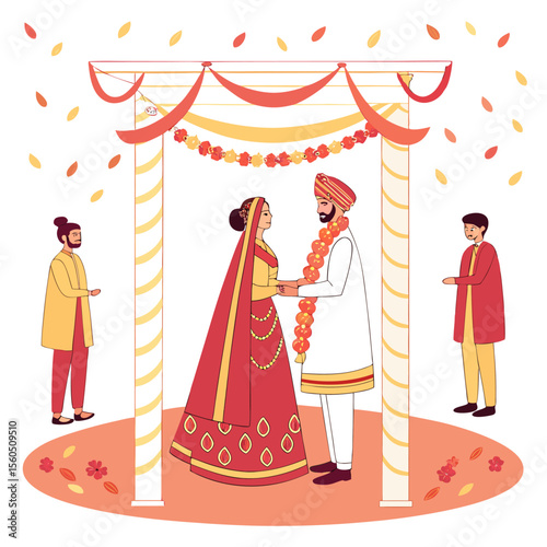 Illustration of a sikh wedding ceremony with bride groom and guests under a decorated mandap setup