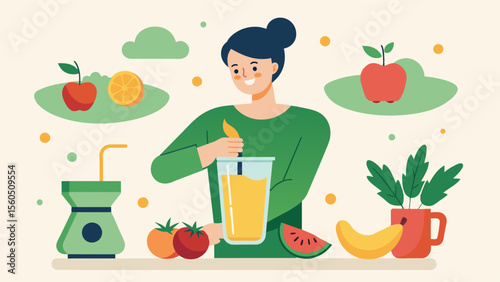 A person blending a smoothie with fresh fruits and vegetables starting their day with a nutrientdense meal.. Vector illustration