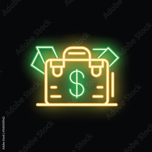 Glowing neon line briefcase and money icon isolated on black background. 4k ultra hd video footage motion graphic animation