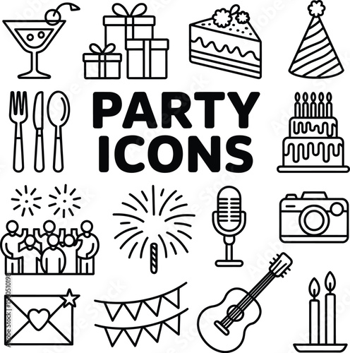 Party Icon Set Featuring Cake, Drinks, Instruments, Fireworks, and Celebration Symbols in Bold Silhouette Style