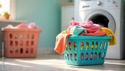 Colorful Laundry Overflowing A Cheerful Household Scene of Clothes Ready for Washing