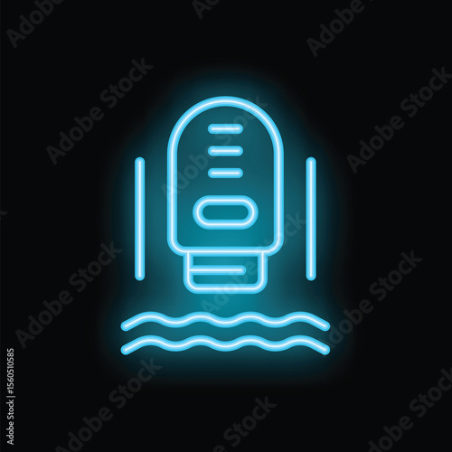 Blue neon icon of a water pump being lowered into a water well
