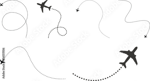 Airplane line path icon. Vector illustration of air plane flight route with line trace on white background.