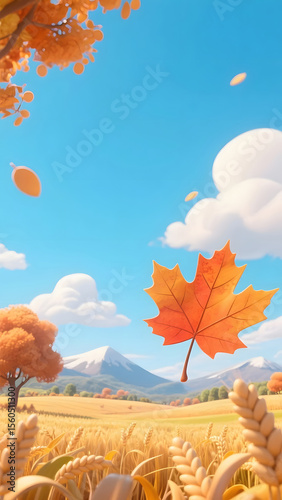 Golden wheat fields and distant mountains in early autumn