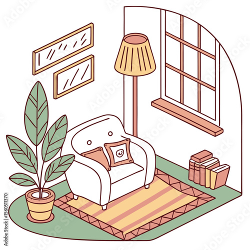 Cozy corner with armchair, plant, lamp, window, rug, books, and decorative pillows in a white walled room