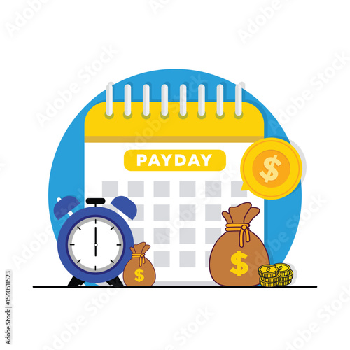 Payday Calendar with Clock and Gold Coin Vector Illustration. Payday Concept Design