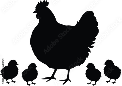 Hen silhouette with chicks mother hen family farm animals