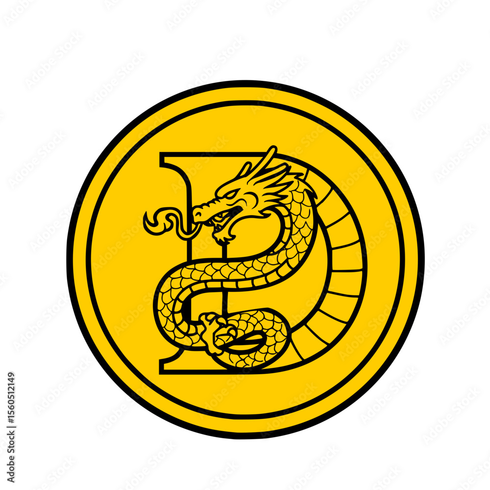 Fototapeta premium dragon token icon vector - Dragon emblem illustration in a circular design with yellow background 
