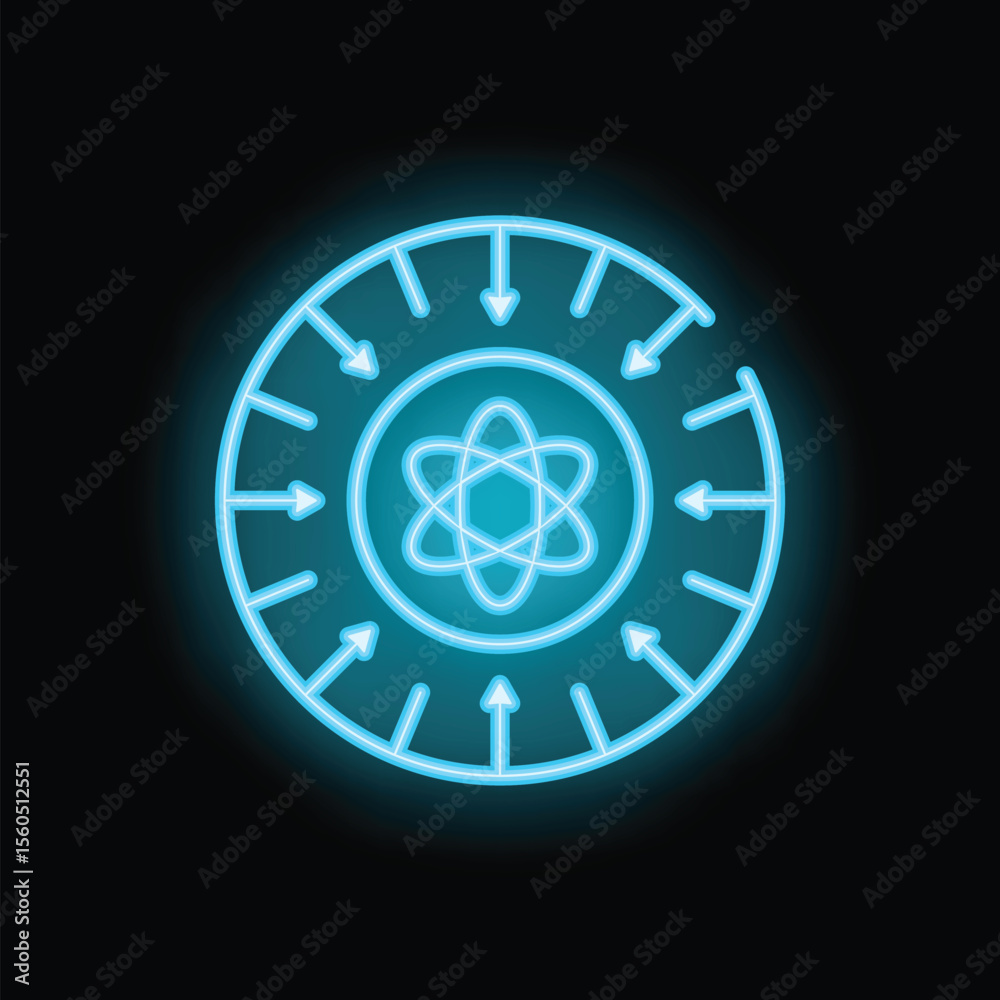 Glowing blue neon icon representing the concept of nuclear fusion on a black background Glowing blue neon icon representing the concept of nuclear fusion on a black background