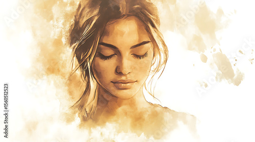 The canvas reveals a beautiful woman in meditation, watercolor and ink wash technique, light brown background, soft tones, elegant peaceful mood, serene expression.