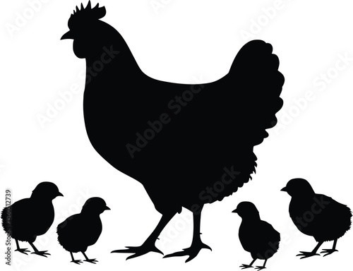 Hen silhouette with chicks motherhood farm animals