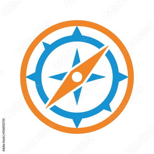 Orange and blue compass symbol with directional points navigation travel