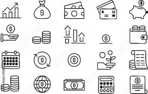 Collection of financial and business icons in a clean outline style
