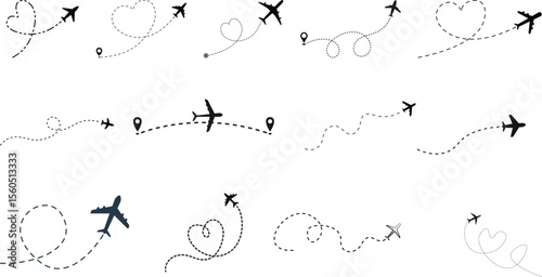 A set of Airplane .  Airplane line path icon. Vector illustration of air plane flight route with line trace on white background.