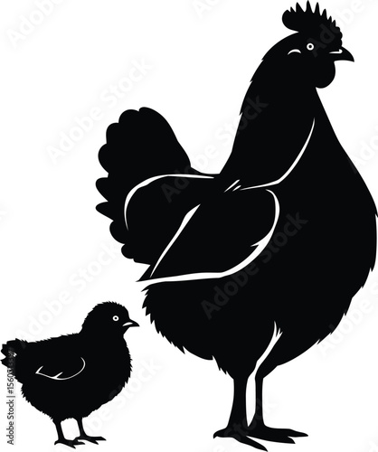 Hen and chick silhouette farm animal illustration