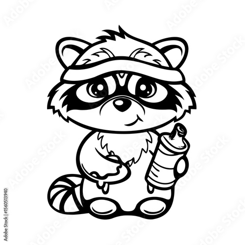 Cartoon raccoon holding spray paint can in handdrawn style on animal graphic