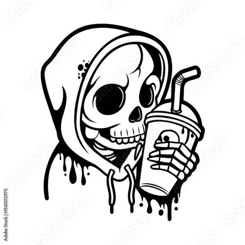 A skeleton wearing a hoodie holding a drink cup with a straw skull