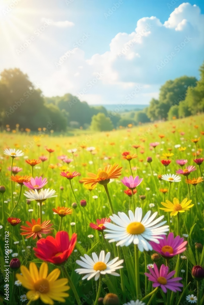 Fototapeta premium Sun-Drenched Wildflower Field Swaying Gently in the Breeze Serenity, Joy, and Summer Bliss