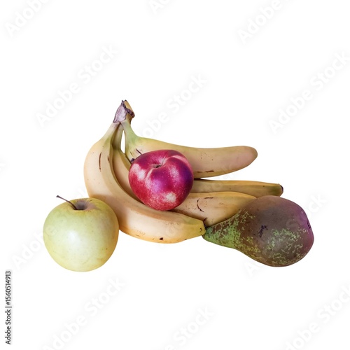Composition of imperfect fruits on white background. bananas green apples nectarine and pear