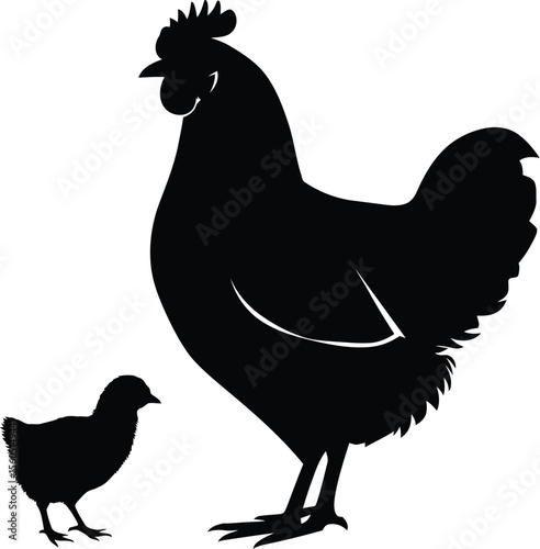 Hen and chick silhouette farm animal illustration