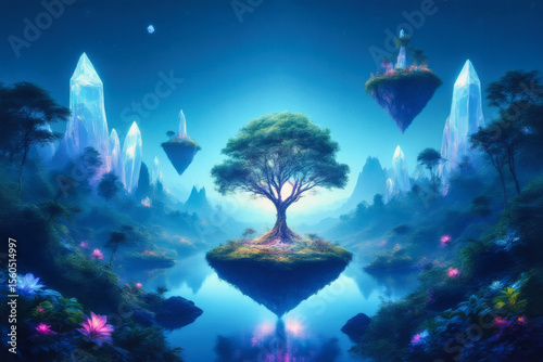 A fantastical landscape showcases floating islands, towering crystal formations, and lush trees bathed in a vibrant blue and purple glow, creating a surreal and dreamlike scene.