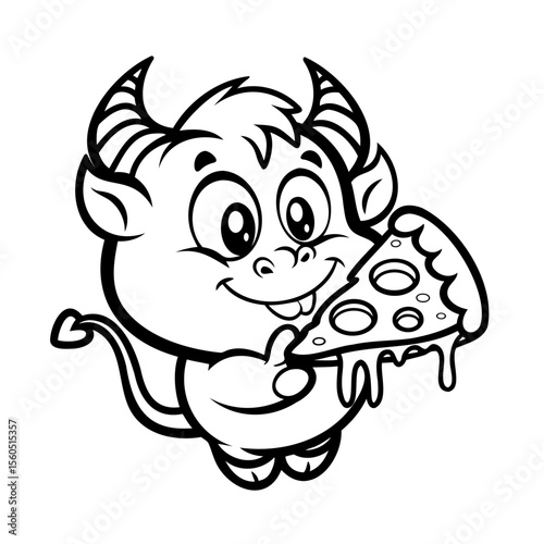 Cartoon devil character holding a slice pizza with dripping cheese in a vector