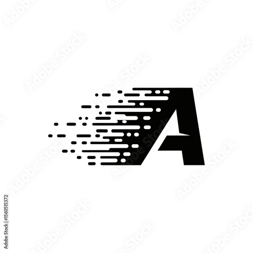 A black letter a with a pixelated effect on a white background creating a sense of movement and speed