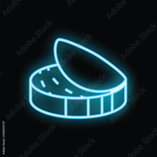 Neon glowing sign of opened round box with cream inside on a black background