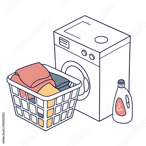 Illustration of a washing machine next to a laundry basket filled with clothes and detergent bottle near by