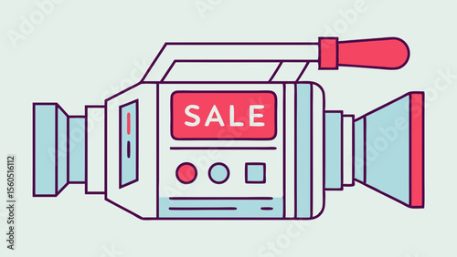 Stylish vintage video camera with sale sign for promotional use