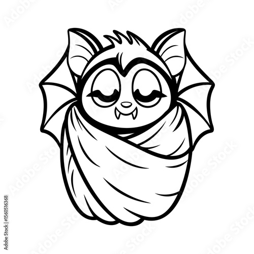 Handdrawn a sleeping cartoon bat with closed eyes wings outstretched animal creature