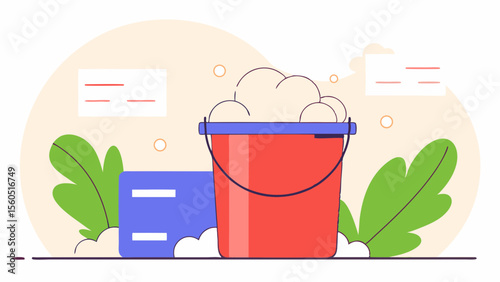 Bright cleaning bucket with bubbles and supplies for efficient home maintenance