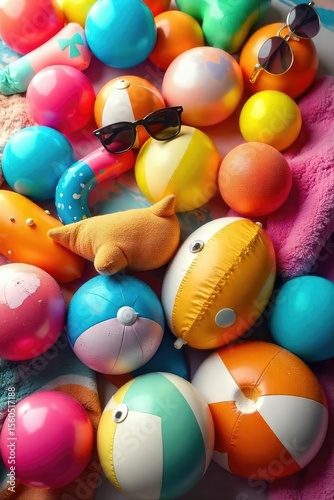 Colorful Summer Fun Beach Toys, Towels, and Sunglasses in a Joyful Heap