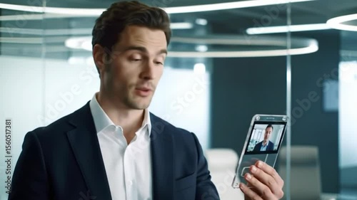 Young businessman talking on mobile phone confidently in office environment