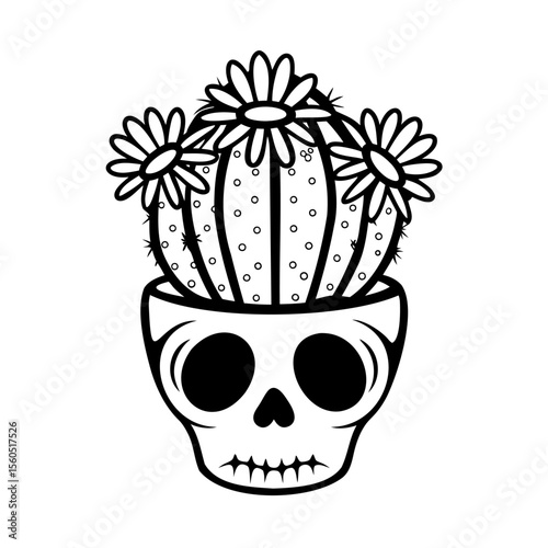 Handdrawn cactus with flowers growing from a skull pot on vector