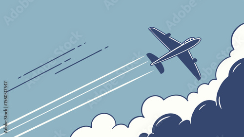 Airplane flying in the sky with clouds in a minimalistic vector illustration for travel blogs
